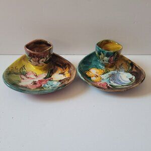 Hand-Painted Laca Albisola Ceramic Candlestick Holders